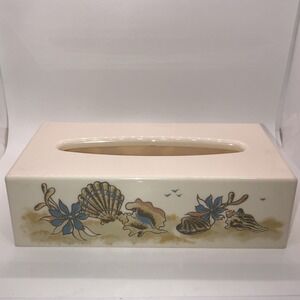 Vintage Plastic Tissue Box Cover Rectangle Seashell Beach Sand Ivory